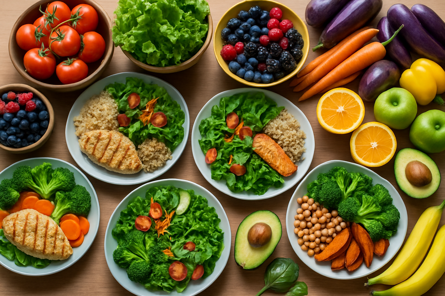 a table full of nutritional meals and fruits and vegetables